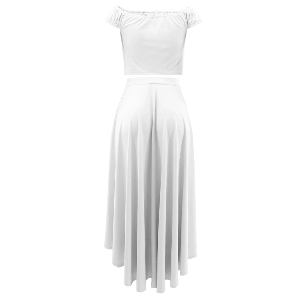 Women's Casual two-piece Summer Solid Off Shoulder Crop Top and Long SkirtSet -Stylish Elegant Vestidos