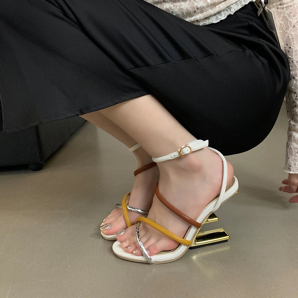 Aneikeh Summer Fashion Fretwork Heels Cross Striped Color Blocked High-heeled Sandals Women Ankle Buckle Strap Gladiator Shoes
