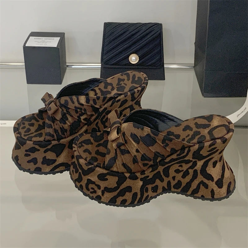 Eilyken Sexy Leopard Print Butterfl-Knot Platform Wedges Women's Slippers Street Style Summer High Heels Banquet Shoes