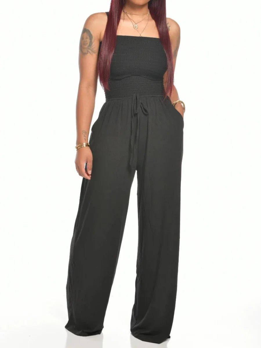 Jumpsuits Women Bodysuit One Pieces Outfits Romper Sexy Flat Shoulder Wrapped Chest Wide Leg Siamese Summer Female Clothing