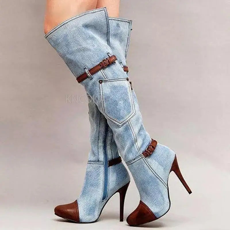 Fashionable Knee High Denim High Heel Boots