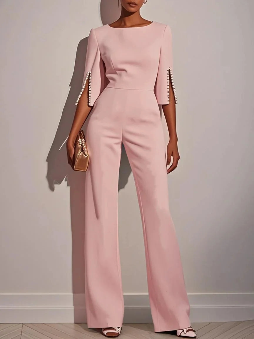 Women's Jumpsuit Casual Solid Color 3/4 Length Sleeve Straight Round Neck Beaded High Waist Daily Going out Regular Fit Black Wh