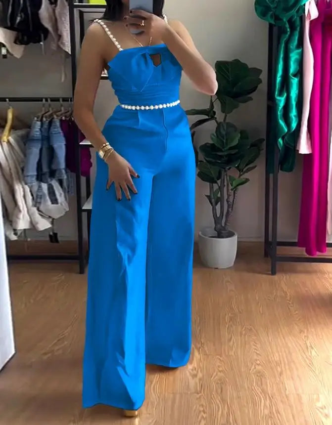 Women's Jumpsuit Fashion 2025 Bandeau Beaded Spaghetti Strap Bowknot Design Ruched Slim Fit Jumpsuit Elegant Overall