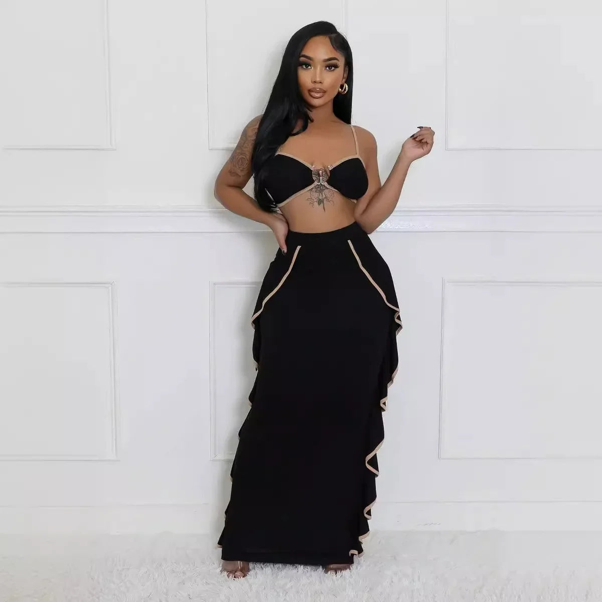 Spaghetti Strap Top Ruffle Skirt 2 Piece Set