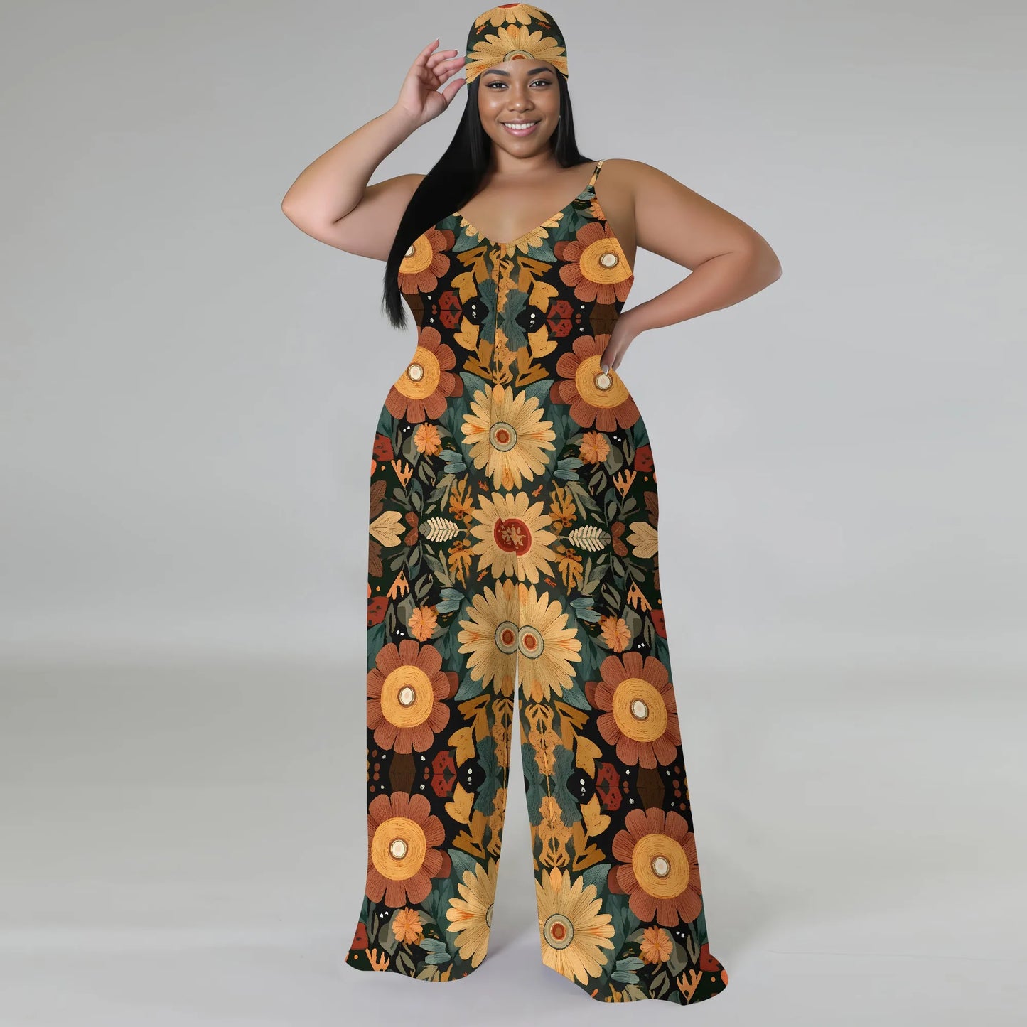 Plus Size Graphic Jumpsuit Colorful Pixel Landscape Print Wide Leg Sleeveless Romper for Women