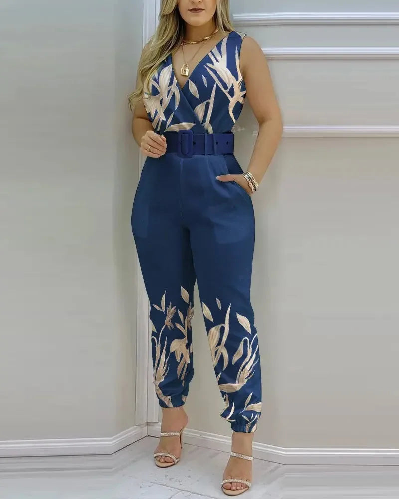 Summer Elegant Women Jumpsuits Office Lady Sexy V-neck Sleeveless Print Jumpsuits New Fashion With Belt Vest Playsuit Streetwear