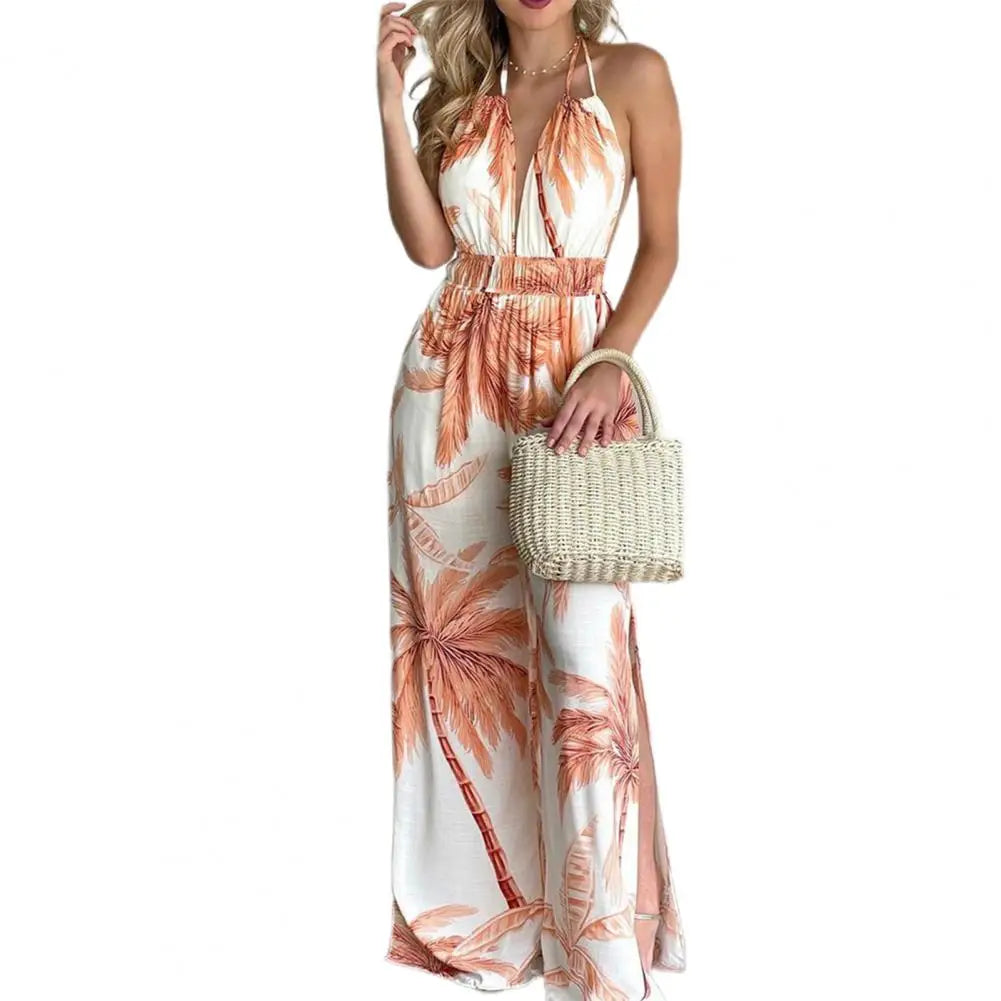 Sexy Sleeveless Halter Jumpsuit Women 2022 Summer Romper Floral Print Wide Leg Long Pants for Women Jumpsuits комбинезон женский