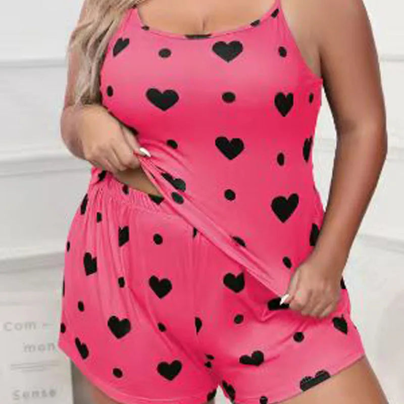 Sur plus size heart print women pajama set sleeveless XL XXL XXXL elastic waist shorts 2 pieces female sleepwear nightwear