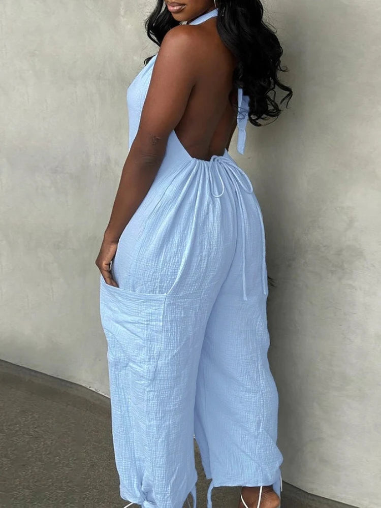 Casual Long Jumpsuits for Women Clothing Summer 2025 Trend Halter Tied Detail Pocket Design Jumpsuit Woman One Pieces Outfit