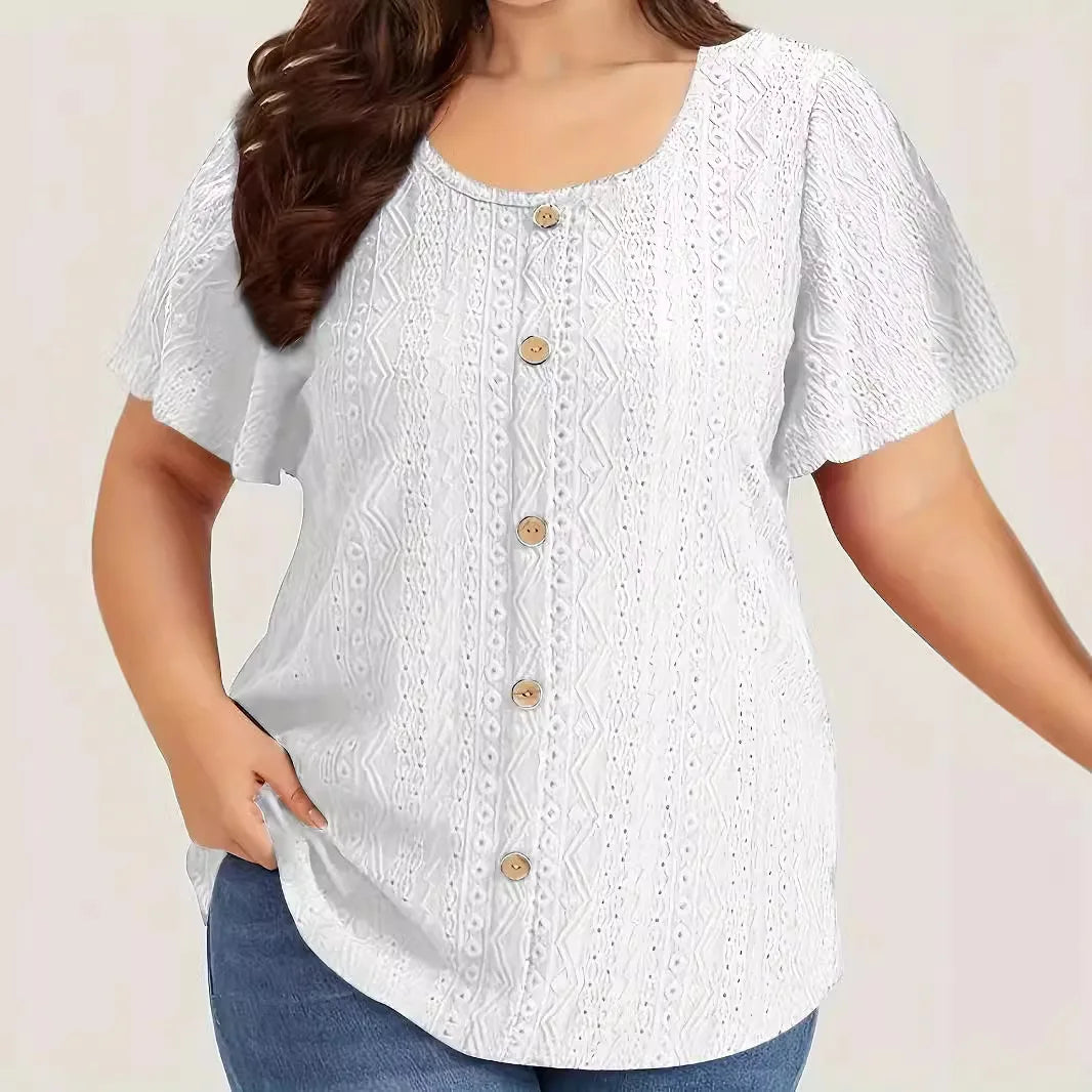 Plus Size Summer Women T Shirt Elegant Casual Solid Short Sleeve Shirts Ladies Hollow Loose Button Big Size Black White Tops 5XL