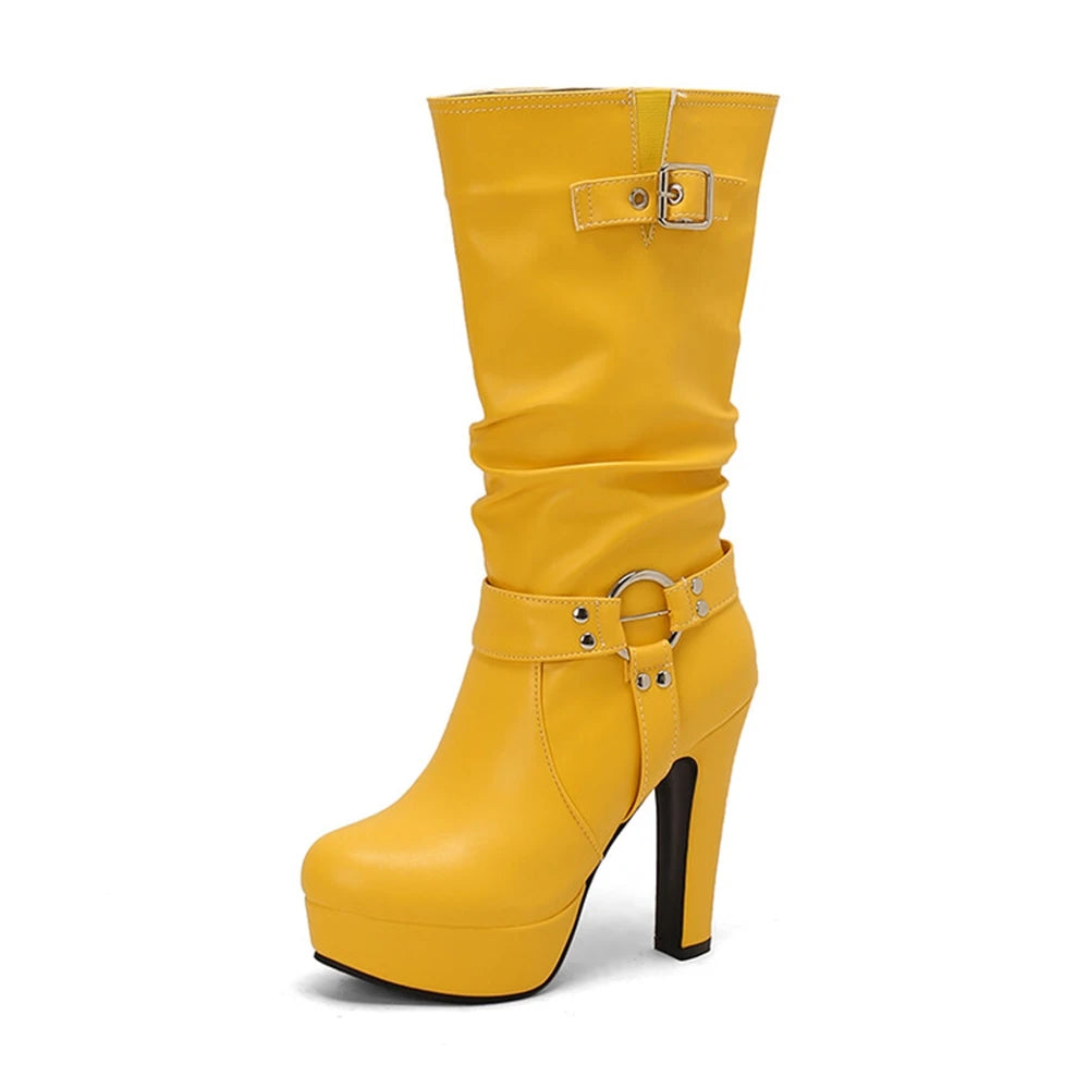Botines Mujer Fashion Round Toe High-heeled Mid Calf Boots Pleated Waterproof Platform Dress Thick Heel Set Women Boots 338-45