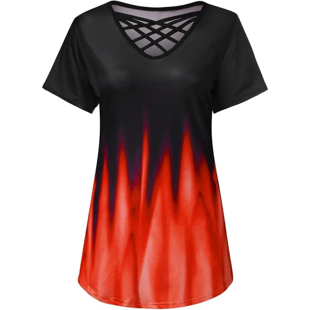 Plus Size 1XL-5XL Women Fashion Half Sleeve T-Shirt Printed Gradient BeltT-shirt Women'sCasual Color Gradient V-neck Cross Shirt