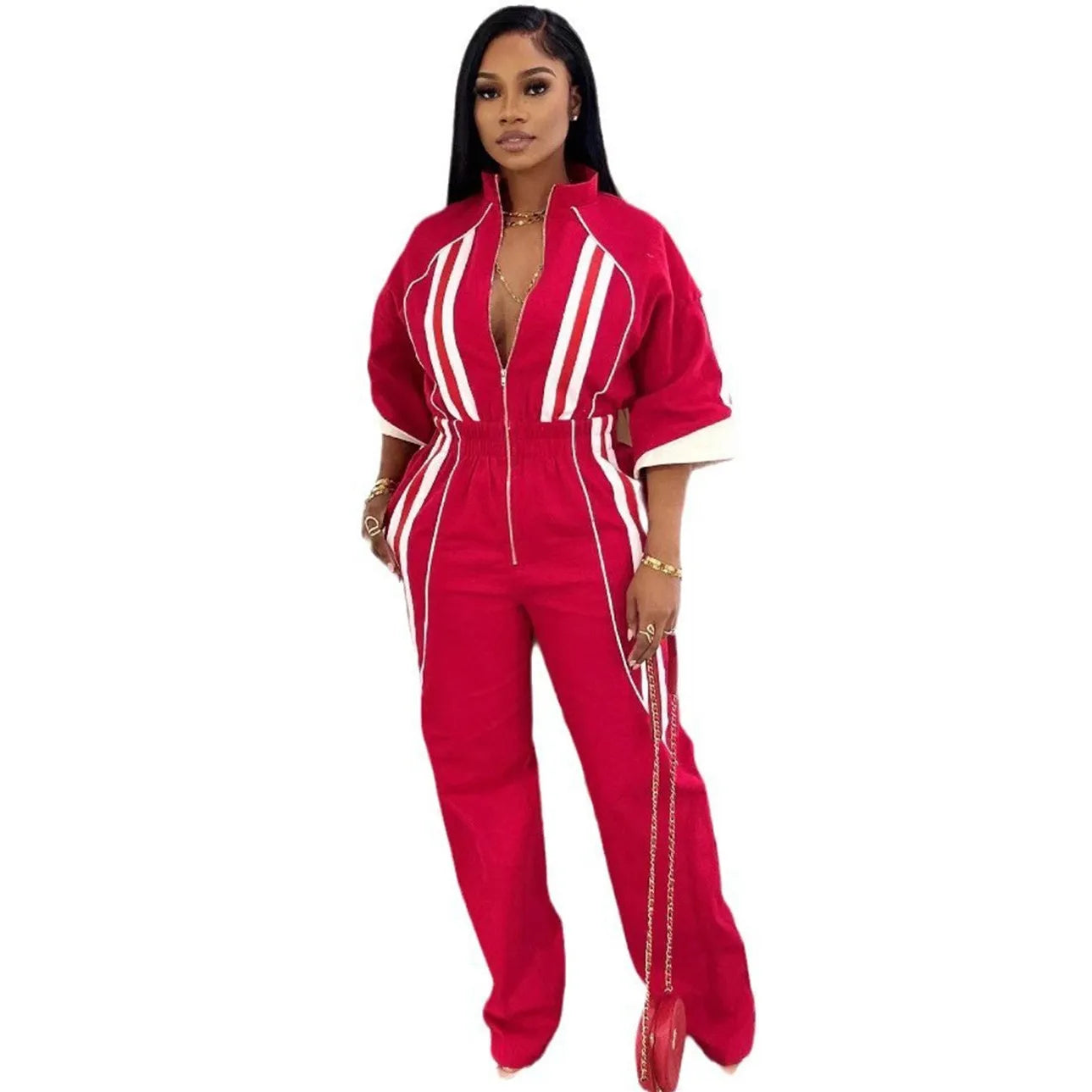 Women Jumpsuits For Spring 3/4 Sleeve Print Stripe Loose Fashion Streetwear Overalls Wide Leg Pants Trousers 2025 Summer