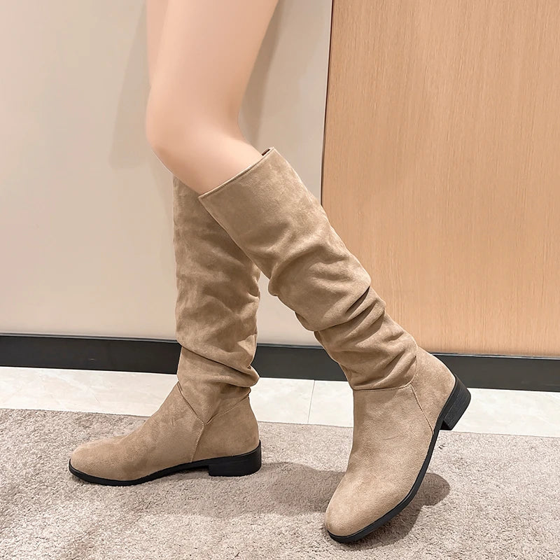 Pleated Boots Women Faux Suede Flock Knee High Boots 2024 Winter Women Fashion Slip on Square Low Heel Knight Booties Mujer 202