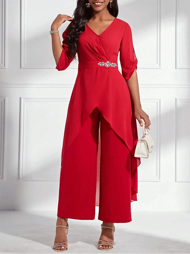 Elegant 2 Piece V-Neck Loose Pants Set