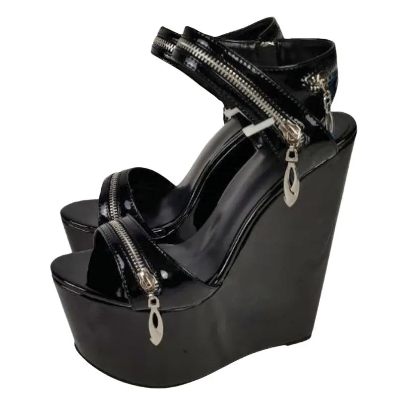 Leather Zipper Platform Wedges