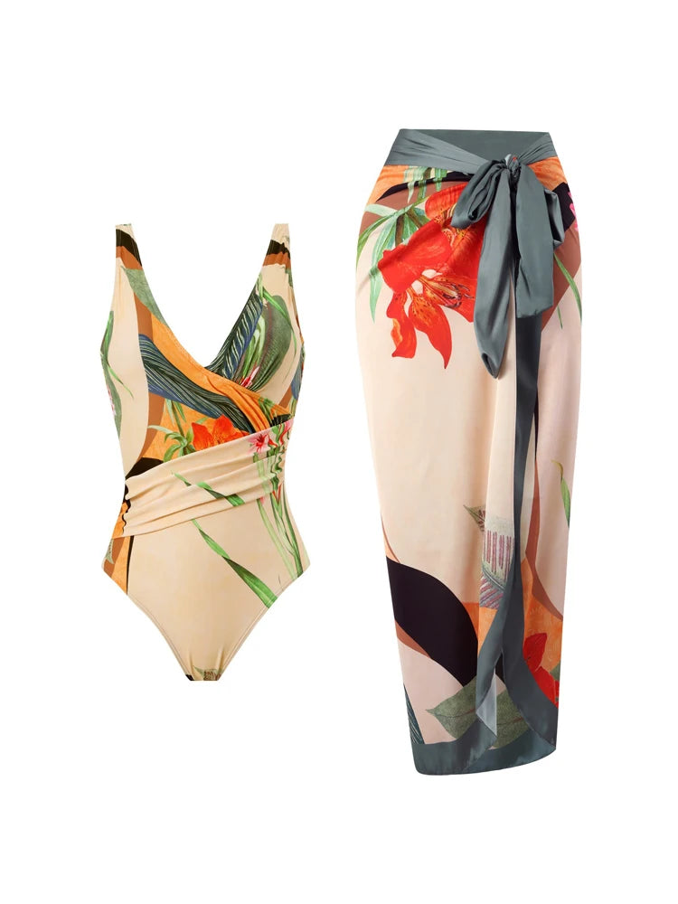 Two Pieces Set Woman Swimsuits 2025 Trend Printed One-piece Swimsuit Sexy Hollowed Out High Waisted Bikini for Beach Vacation