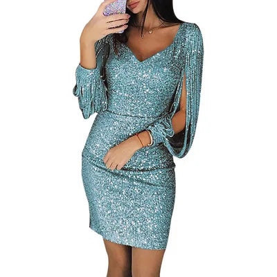 Spring Plus Size Dresses for Women Y2K V-neck Tassel Bag Hip Vestidos Sequins Flapper Design Fashion Party Costumes
