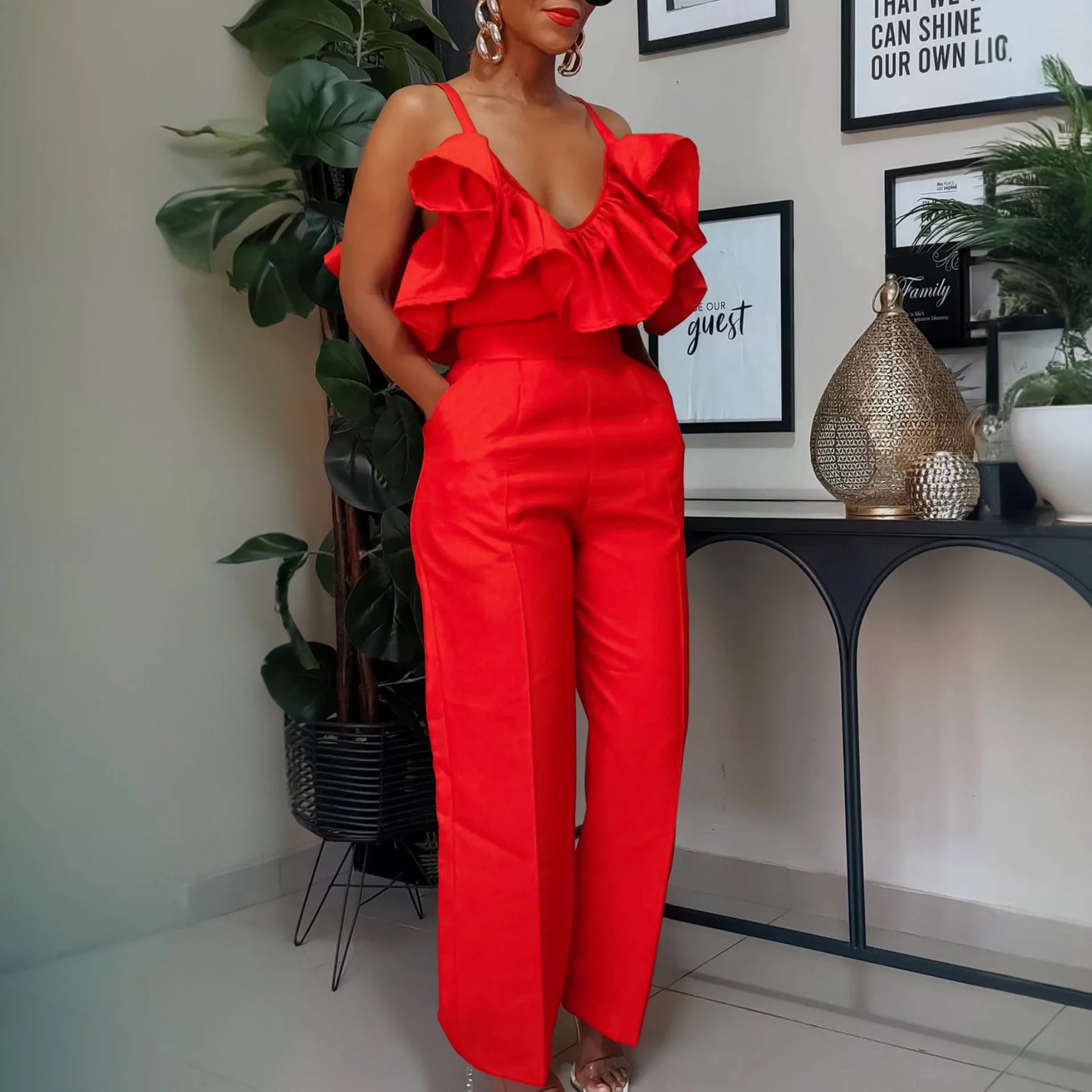 Women Two Pieces Set V Neck Strap Crop Tops Ruffles High Waist Pants Sexy Female Suit Summer Fashion Party New 2025