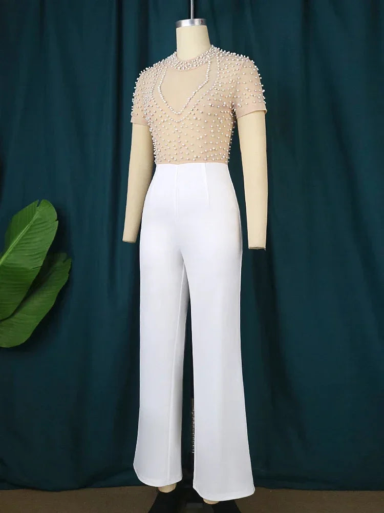 Customized Elegant Jumpsuits & Rompers for Women O Nec Short Sleeve Beaded High Waisted Luxury Female Birthday Dinner Party Over