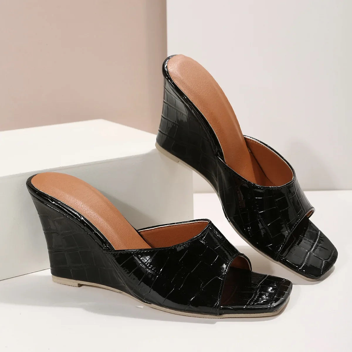 Snake Print Leather Wedge Sandal Slippers