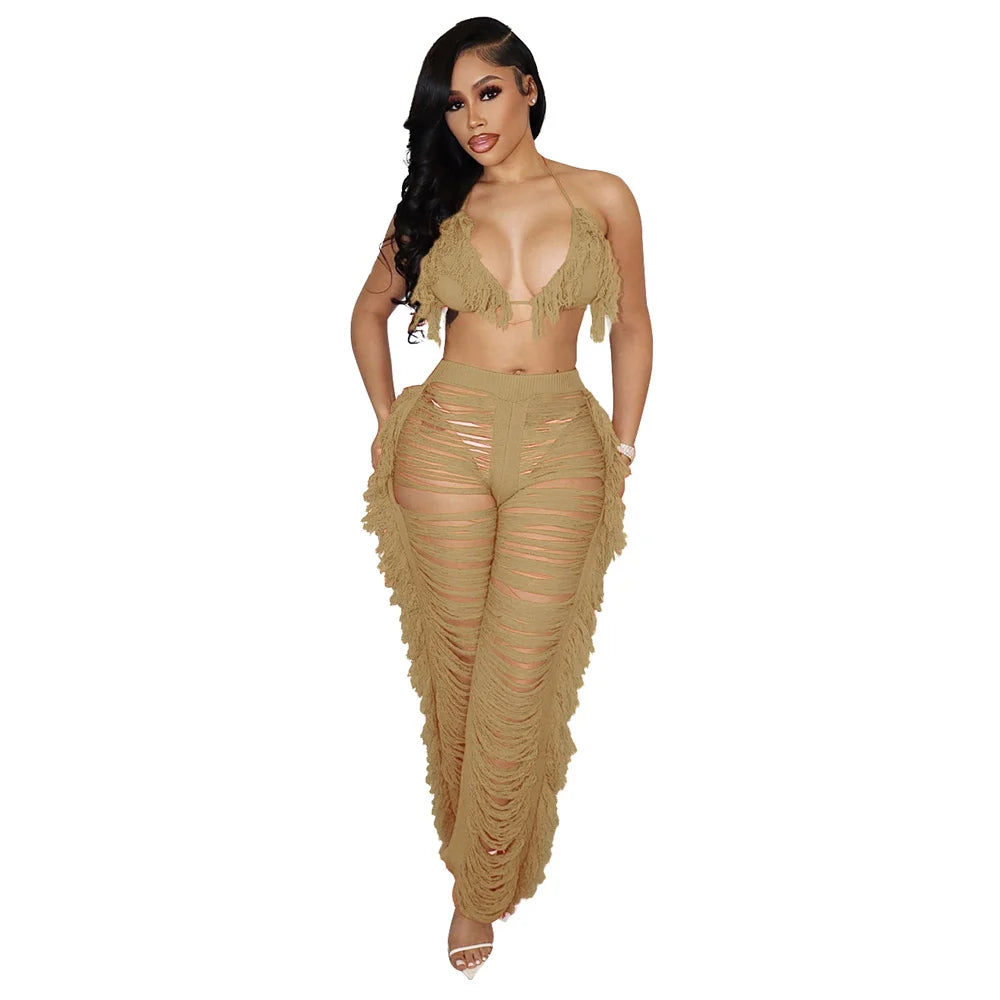 Sexy Bra Crop Top Pants Hollow Out Set
