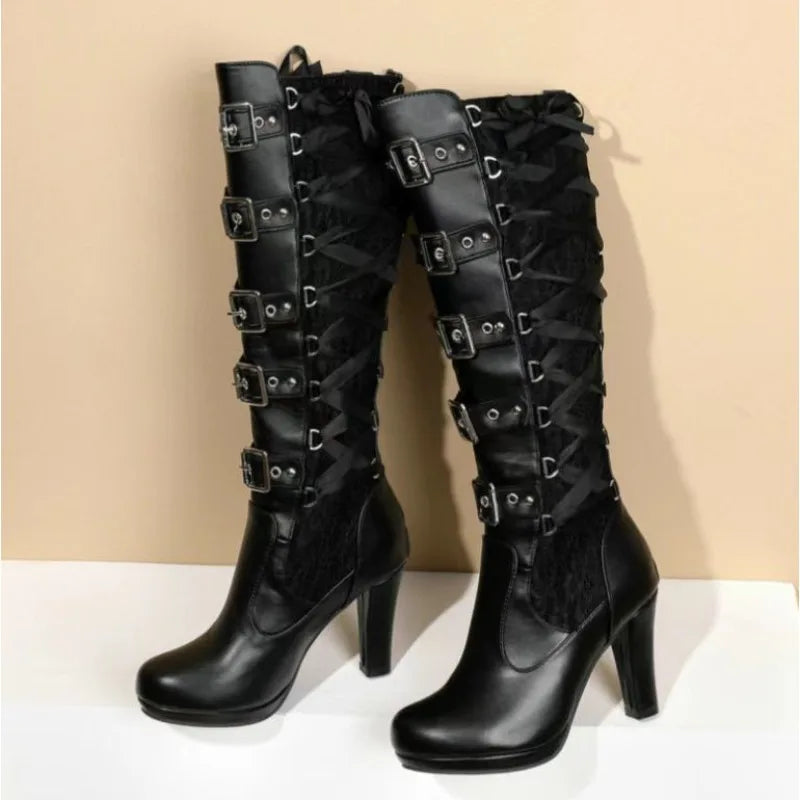 High-heeled boots Platform Boots for Women Lace Up Chunky High Heel Mid Calf Boots Narrow Band Bow Knot Goth Gothic Shoes 2025