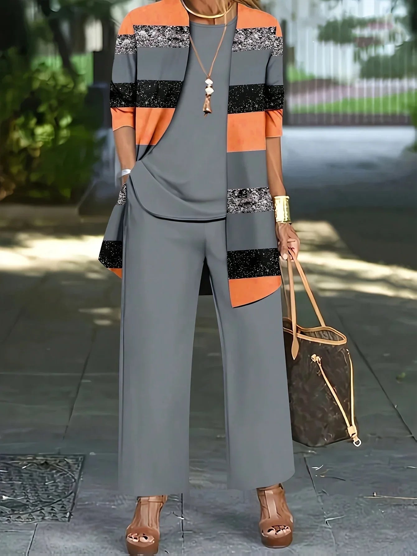 Women's Fashion Plus Size 1XL-5XL Three-Piece Outfit Set Ladies Casual Long Sleeve Cardigan Tank Top and Long Pants Outfits