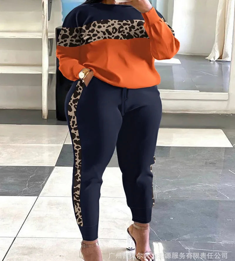 Women Two Piece Sets Print Pant Sets Long Sleeve Tops Plus Size Outfits Drawstring Y2k Trousers Sweatshirts Suits Work Spring