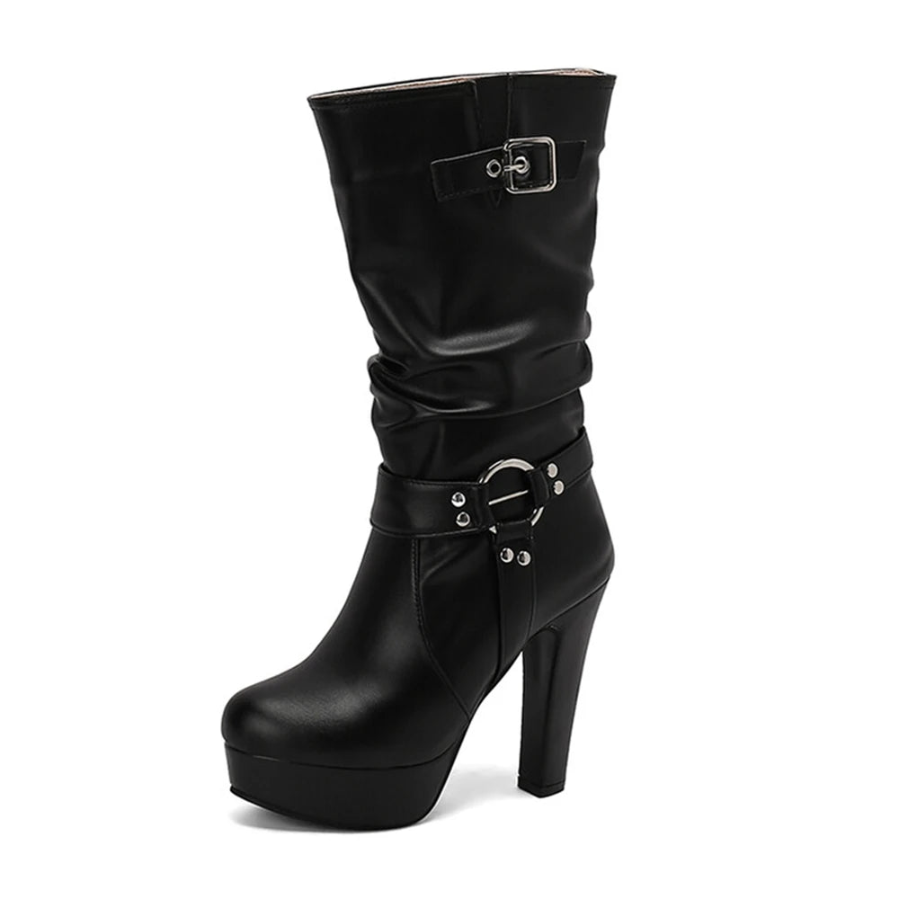 Botines Mujer Fashion Round Toe High-heeled Mid Calf Boots Pleated Waterproof Platform Dress Thick Heel Set Women Boots 338-45