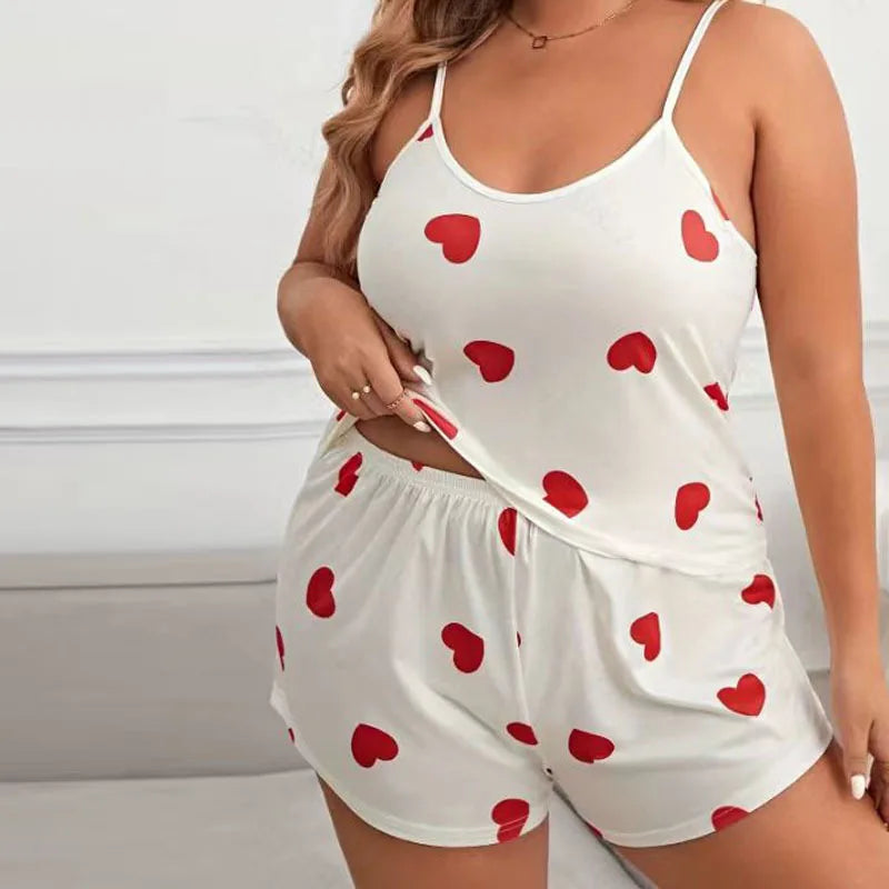 Sur plus size heart print women pajama set sleeveless XL XXL XXXL elastic waist shorts 2 pieces female sleepwear nightwear