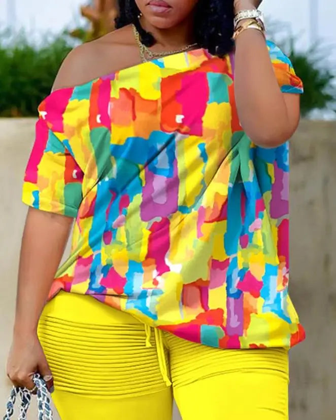 Womens Two Piece Sets Outfit Colors All Over Print Skew Neck Top Shorts Set New Fashion 2024 Summer Casual Loose Female Suits