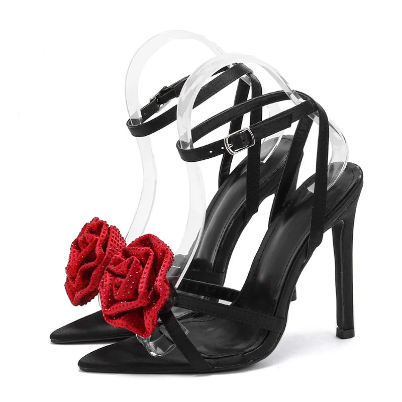 Eilyken Summer Ankle Buckle Strap Denim Sandals Women's CRYSTAL Flower Pointed Toe Thin Heels Shoes Party Prom Sandalias Mujer