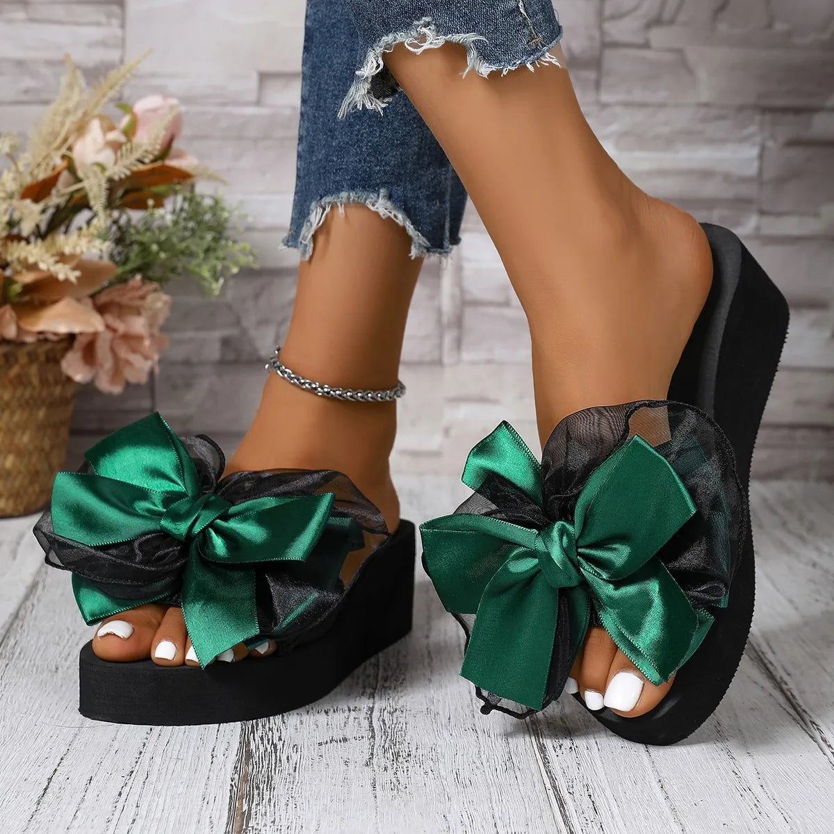 Top Bow Wedge Slippers