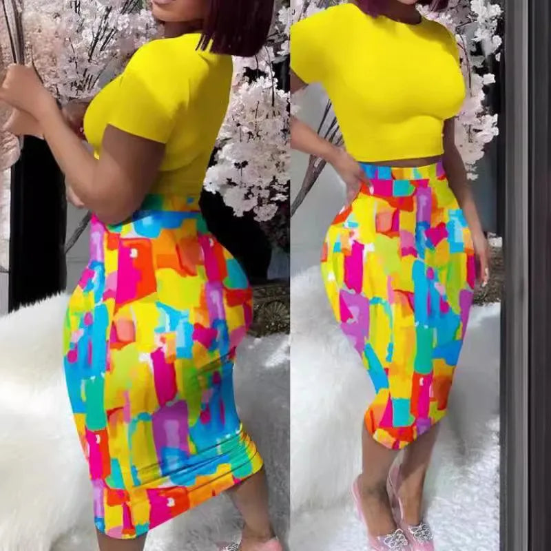 2 Piece Short Sleeve & High Waist Skirt Set