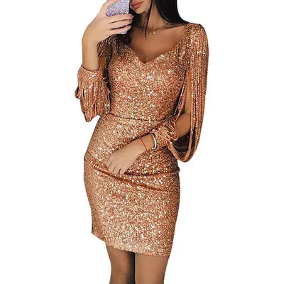Spring Plus Size Dresses for Women Y2K V-neck Tassel Bag Hip Vestidos Sequins Flapper Design Fashion Party Costumes