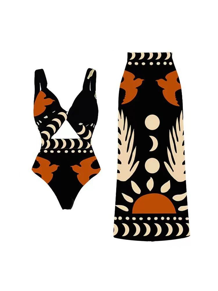 Two Pieces Set Woman Swimsuits 2025 Trend Printed One-piece Swimsuit Sexy Hollowed Out High Waisted Bikini for Beach Vacation