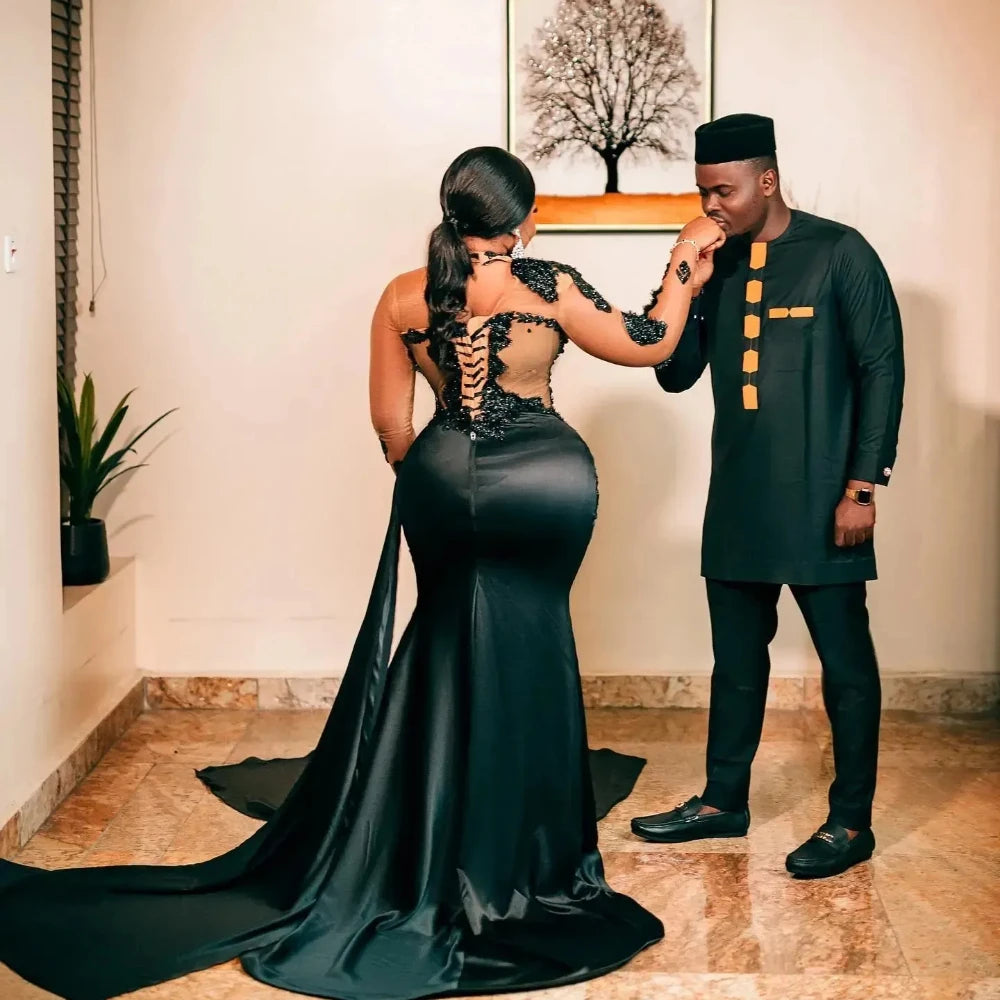 2025 Plus Size Prom Dresses for Black Women Illusion Evening Gown Long Sleeves High Neck Appliqued Beaded Lace Formal Dress
