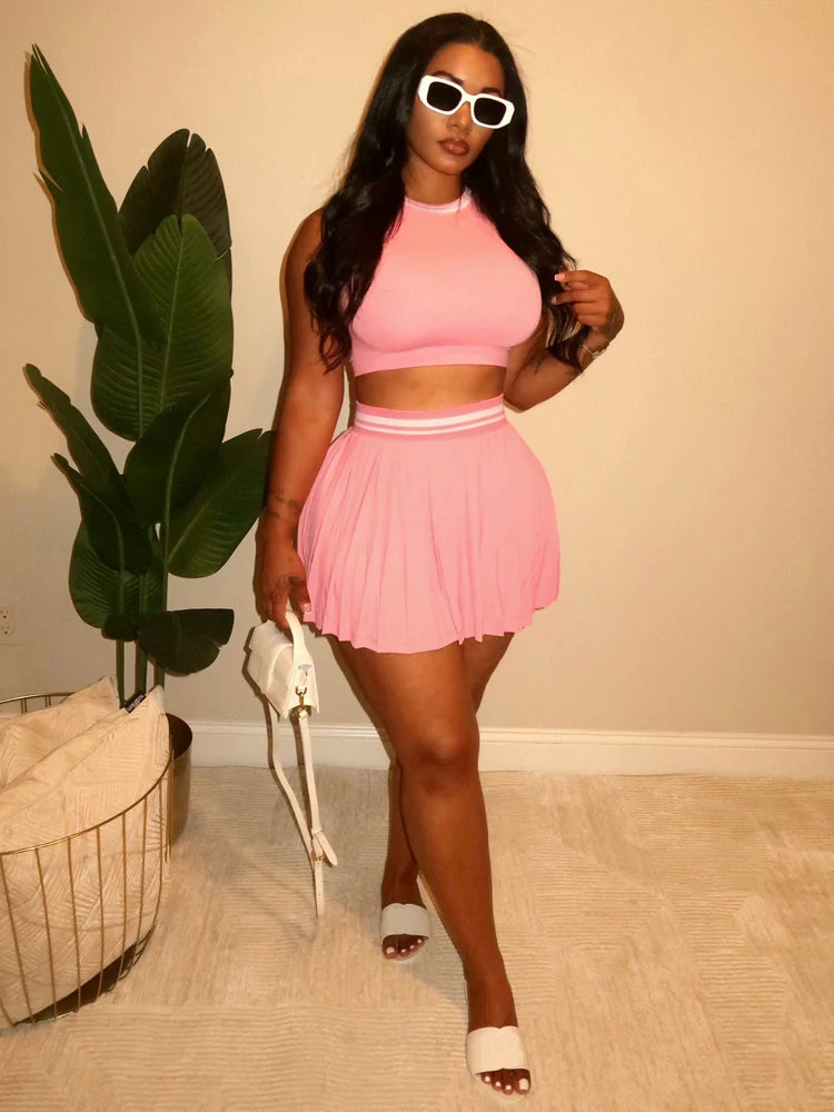 Fashion Women Sets Sleeveless Crop Top Pleated Skirt Suit 2025 Summer Cute Beach Club Knitted Two 2 Piece Set Outfits Tracksuit