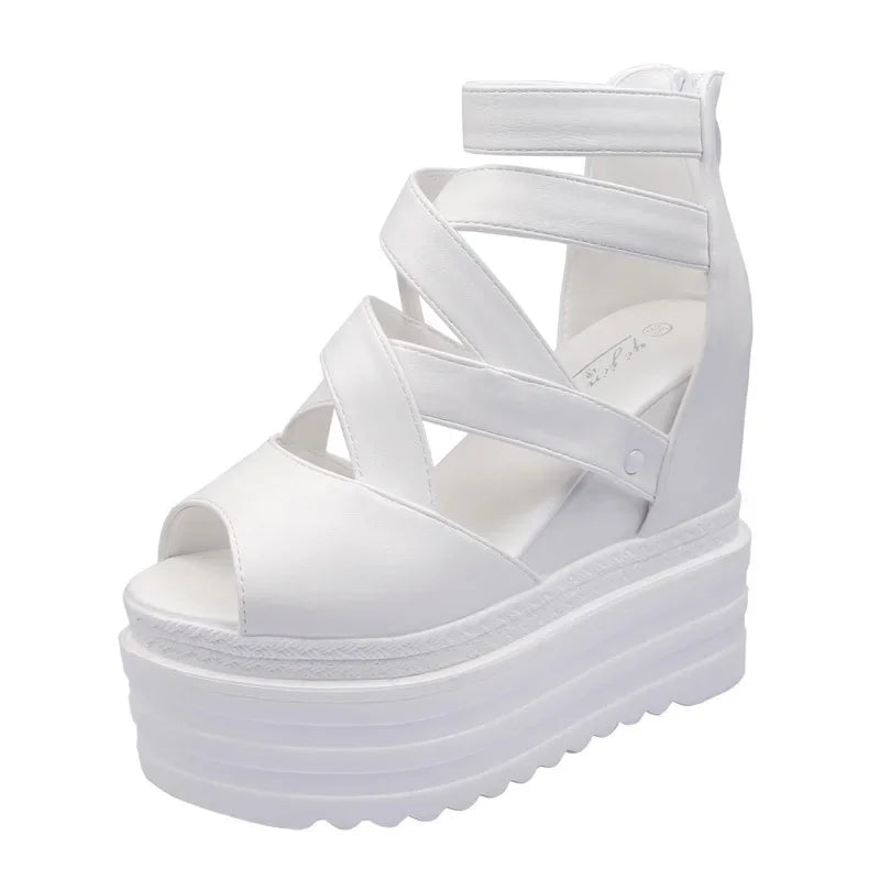 High Heeled Wedge Sandals 13CM Waterproof Platform Muffin Thick Bottom Cross with Fish Mouth Shoes New Inner Increase High Heels