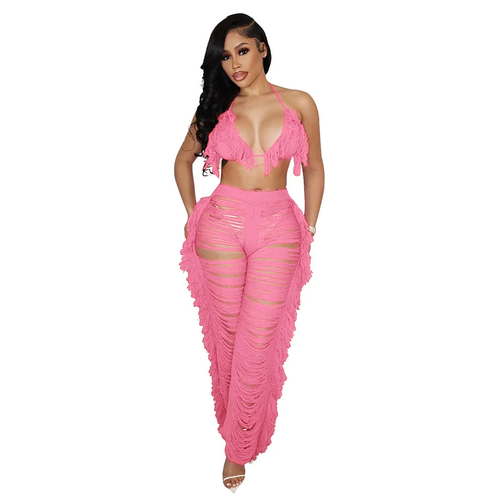 Sexy Bra Crop Top Pants Hollow Out Set