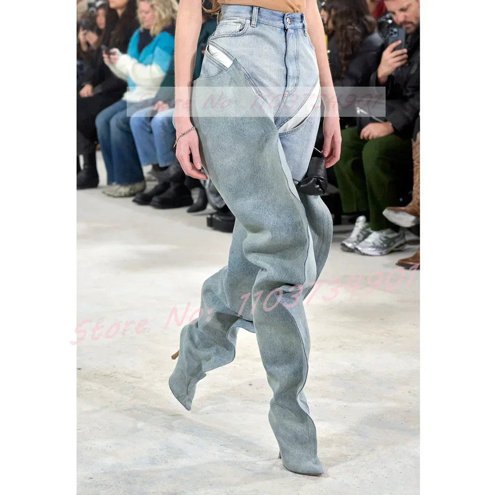 Denim Slip-On Crotch Fashion Pleated High Heels Boots