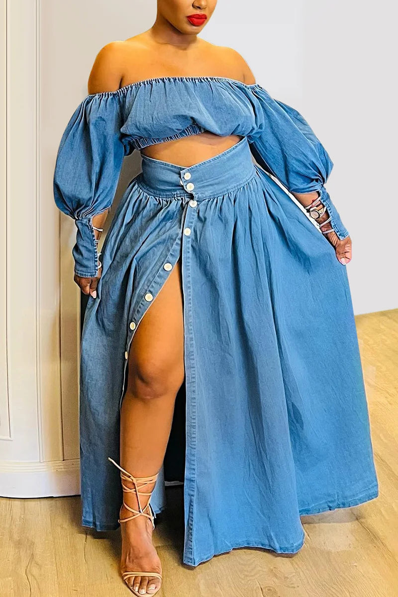 Off The Shoulder 2 Piece Denim Skirt Set
