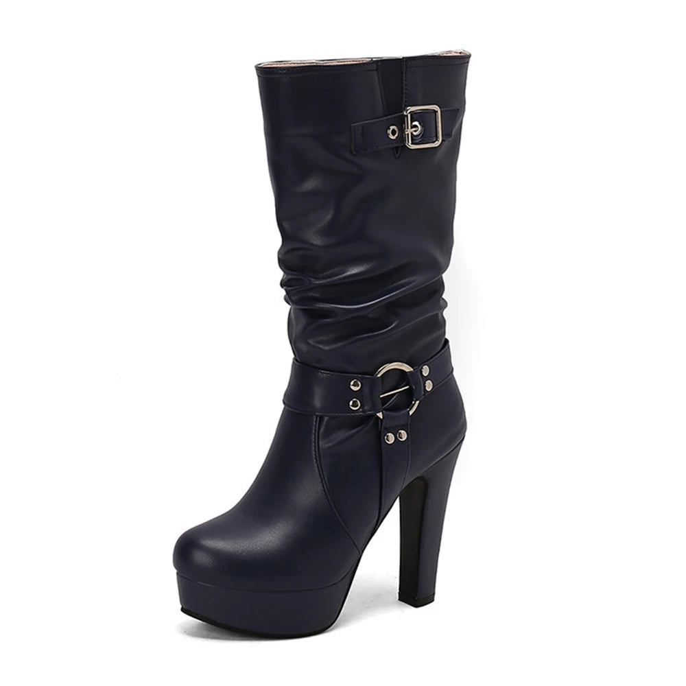 Botines Mujer Fashion Round Toe High-heeled Mid Calf Boots Pleated Waterproof Platform Dress Thick Heel Set Women Boots 338-45