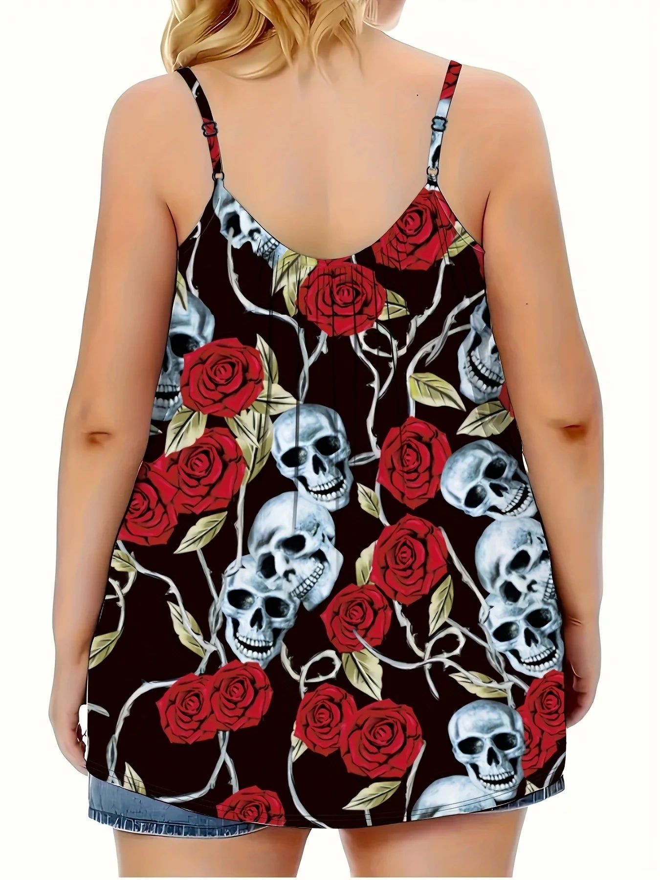 Plus Size Women's Sleeveless T-Shirt - 2025 Summer Skull Print Loose Fit Tank, Gothic Y2K Streetwear Top for Curvy (1XL-5XL)