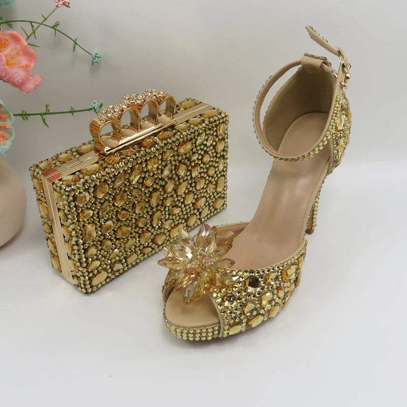 BaYa Fang Champagne Crystal Bridal Party shoes bag Set Women Thin Heel Wedding Evening shoes Open Toe Sandals Ankle Strap Female