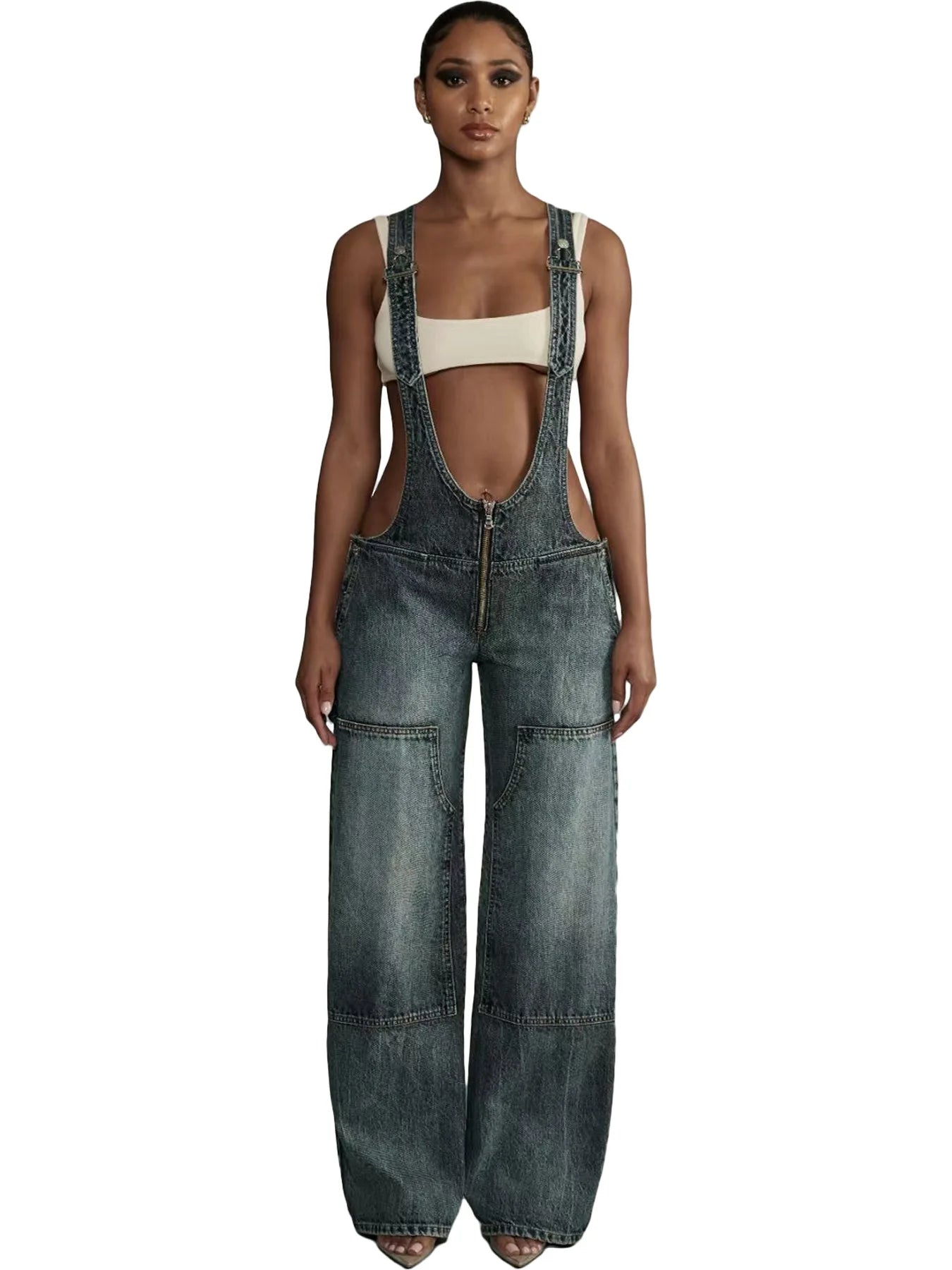 Street Style Sexy Low Waist Strap Jumpsuit Wide-leg Jeans New Personalized Hot Girl Trousers Fashionable Loose Jeans