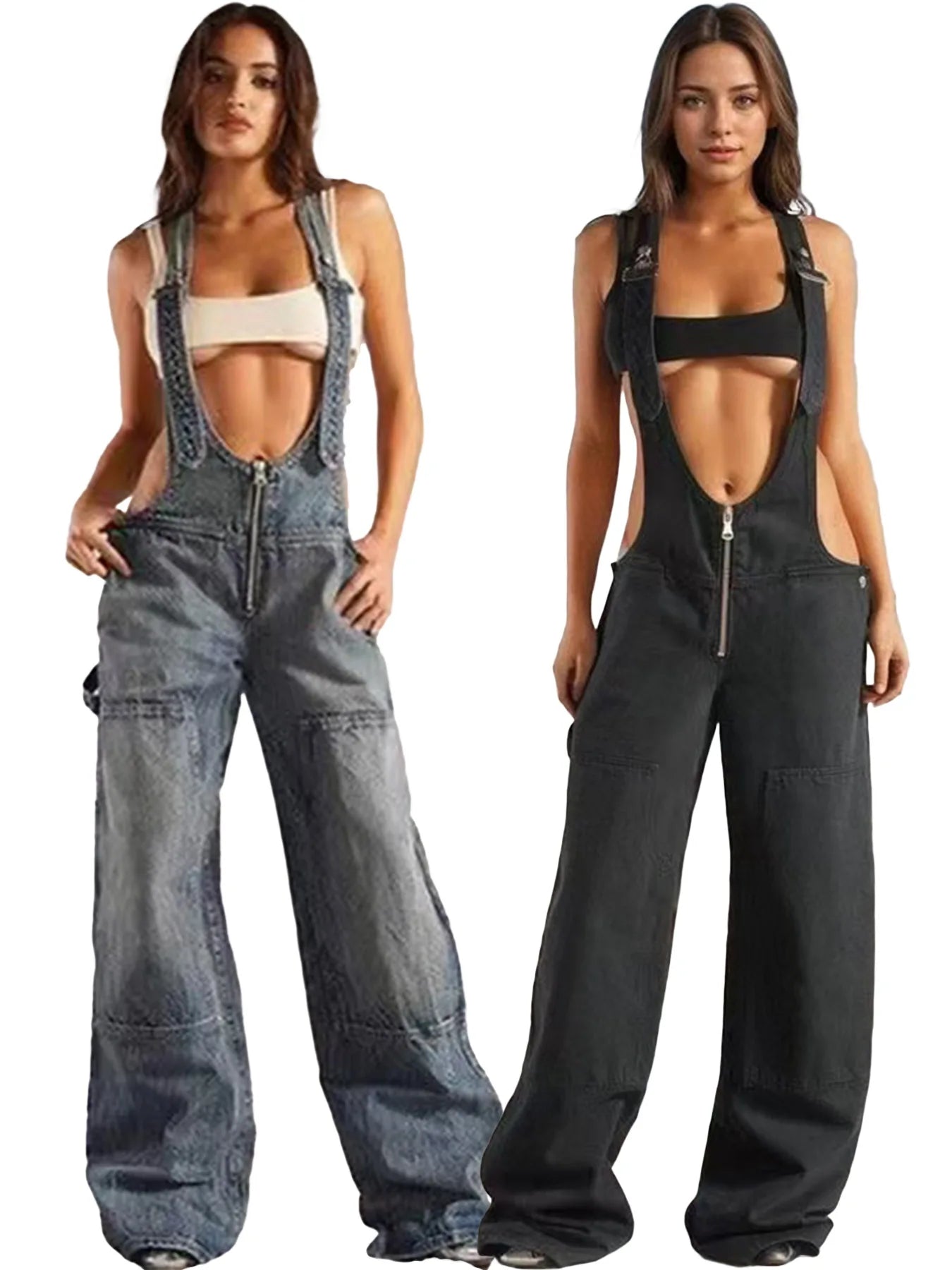Street Style Sexy Low Waist Strap Jumpsuit Wide-leg Jeans New Personalized Hot Girl Trousers Fashionable Loose Jeans