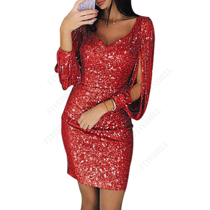Spring Plus Size Dresses for Women Y2K V-neck Tassel Bag Hip Vestidos Sequins Flapper Design Fashion Party Costumes