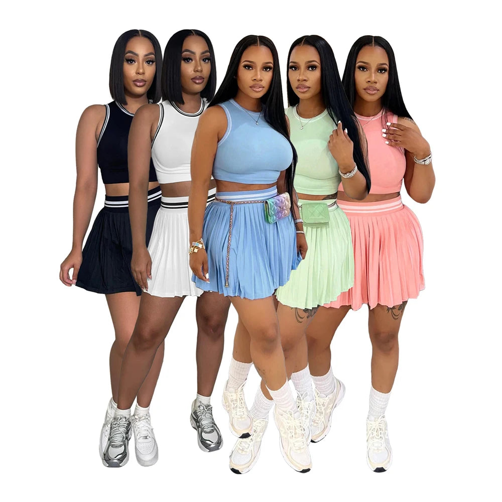 Fashion Women Sets Sleeveless Crop Top Pleated Skirt Suit 2025 Summer Cute Beach Club Knitted Two 2 Piece Set Outfits Tracksuit